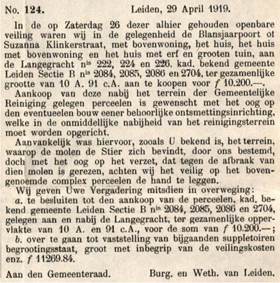 Gemeente Leiden, Handelingen van de Raad van 19 april 1919 nr. 124