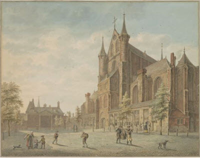 westgevel Pieterskerk 1782, aquarel van H.P. Schouten, Regionaal Archief Leiden PV 211893.1a