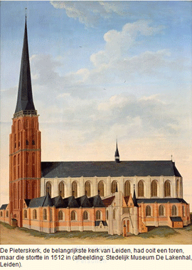 Een achttiende eeuwse kopie van een schilderij van rond 1500 waarop de toren stond afgebeeld. Afbeelding uit de Leidse Canon.